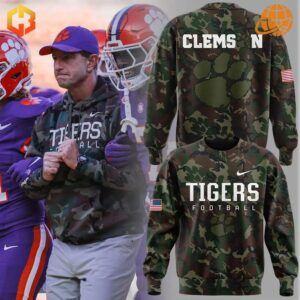 Clemson football scene with coach and players, next to images of camo sweatshirts.