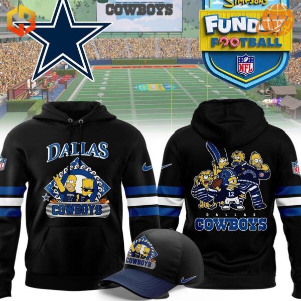 Dallas Cowboys The Simpsons Funday Football Hoodie set with hoodie, t-shirt, and cap featuring Simpsons characters.