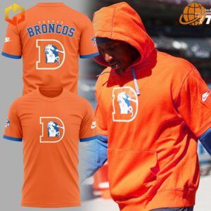 Denver Broncos Throwback To 77 Shirt front view with vintage Broncos logo.