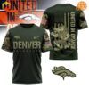 Front and back views of Denver Broncos camo shirt with team logo and "United in Orange" slogan