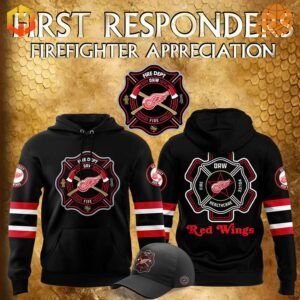 Detroit Red Wings Firefighter Appreciation collection featuring two hoodies and a cap.