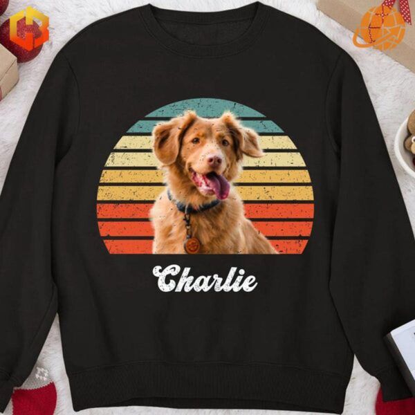 Stylish and personalized sweater showcasing a custom dog or cat image in a retro theme