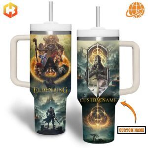 Two Elden Ring Stanley Tumblers side by side, displaying different artwork designs.