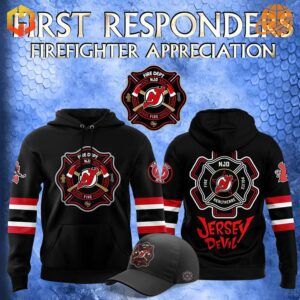 Firefighter Appreciation Night New Jersey Devils Hoodie with NJD logo and firefighter emblem.