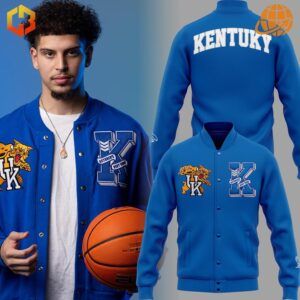 Blue baseball jacket with white "UK" logo and Wildcat mascot on the front.