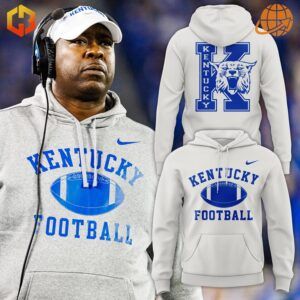 Kentucky Football coach in team hoodie alongside product images of two hoodie designs