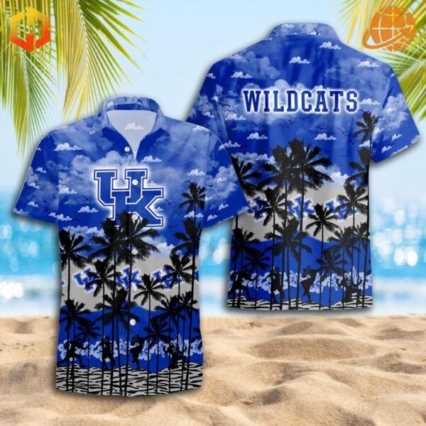 A vibrant Kentucky Wildcats Hawaiian shirt with blue and white floral patterns and the team logo