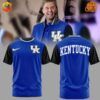 Combined front and back view of Kentucky Wildcats Men’s Basketball Shirt with fan wearing a matching jacket.