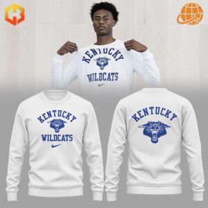 A model showcasing the Kentucky Wildcats Men's Basketball Sweatshirt, highlighting its classic crew neck design and comfortable fit.