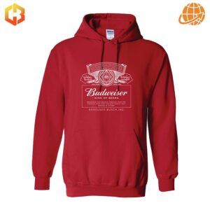 Red Budweiser hoodie featuring the 'King of Beers' logo design in white across the chest.