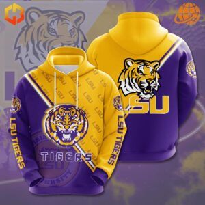 LSU Tiger Football Hoodie front view showing purple and gold design with tiger logo and LSU branding.