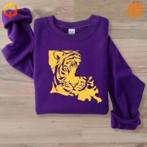 LSU Tiger Football Sweatshirt in purple with a yellow tiger face and Louisiana state outline graphic.