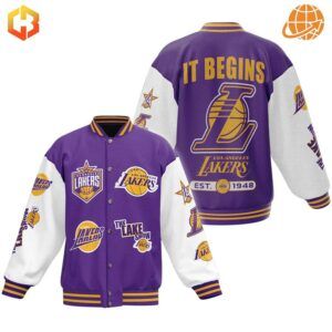 Show your Lakers pride with this eye-catching Los Angeles Lakers Baseball Jacket – where team history meets street style