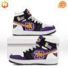 Custom Air Jordan 1 sneakers with Los Angeles Lakers colors and LeBron James' number 23.