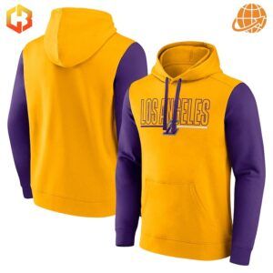 Composite image of Los Angeles Lakers gold hoodie from different angles