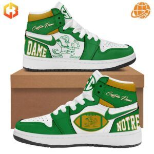 Side view of Notre Dame Fighting Irish Air Jordan 1 High sneakers with green and white design and Notre Dame logo.