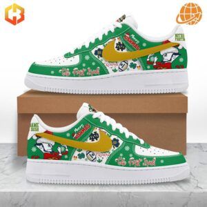 Show off your team spirit and holiday cheer with the Notre Dame Fighting Irish Merry Rishmas Nike Air Force 1.