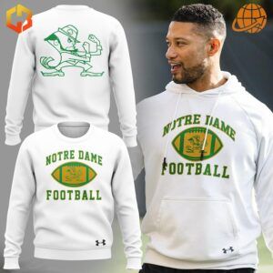 White Notre Dame Football sweatshirts with green and gold logo designs.