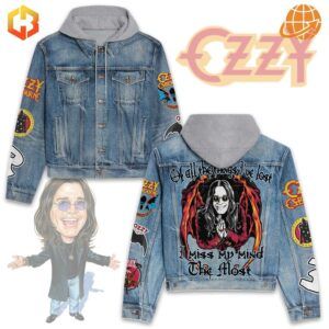 Composite image of Ozzy Osbourne Hooded Denim Jacket front and back views with Ozzy caricature.