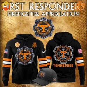 Promotional image of Tennessee Volunteers 2024 Firefighter Appreciation Night Hoodie with front and back views and matching cap.