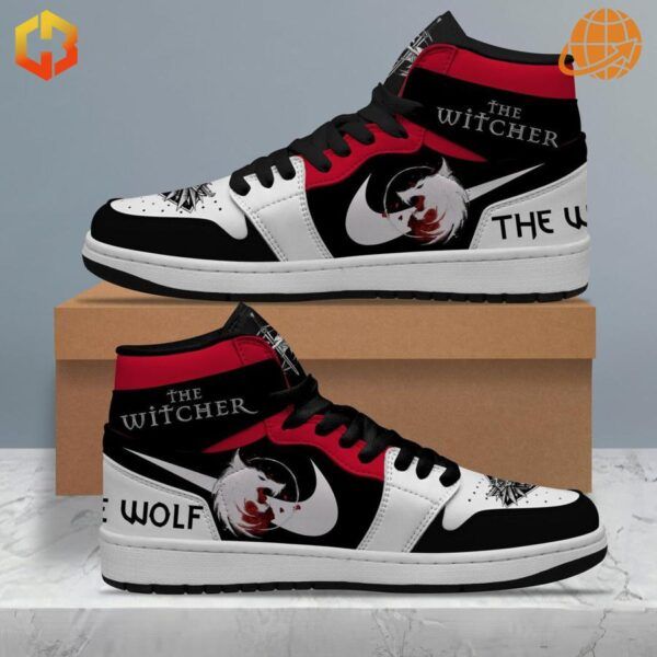 The Witcher The Wolf Air Jordan 1 Shoes with black, white, and red leather upper featuring wolf head logo and "The Witcher" text.