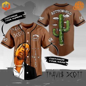 Promotional image of the Travis Scott Astroworld Baseball Jersey with front and back views and customization options.