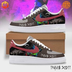 Travis Scott Nike Air Force 1 Shoes displayed from different angles, featuring side view and branding details.