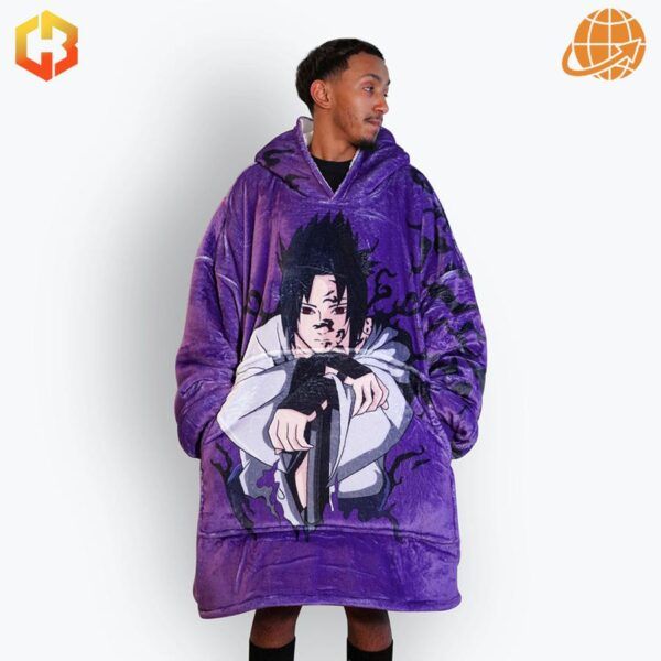 Hoodie blanket showcasing Uchiha Sasuke’s iconic style and Naruto-inspired motifs for ultimate comfort