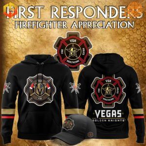 Vegas Golden Knights 2024 Firefighter Appreciation Night Hoodie with firefighter emblem and VGK logo.