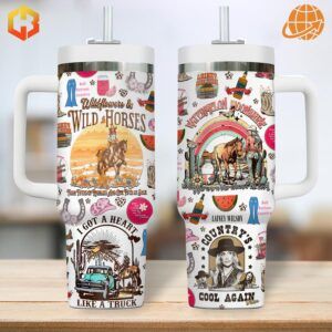 Complete view of the Wildflowers and Wild Horses Lainey Wilson Stanley Tumbler with front and reverse designs.