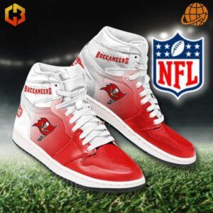 Custom Tampa Bay Buccaneers-themed Air Jordan 1 sneakers showcasing team pride