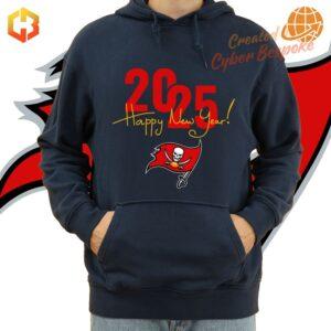 New Year's hoodie for Tampa Bay Buccaneers fans, featuring the team logo and '2025' graphic