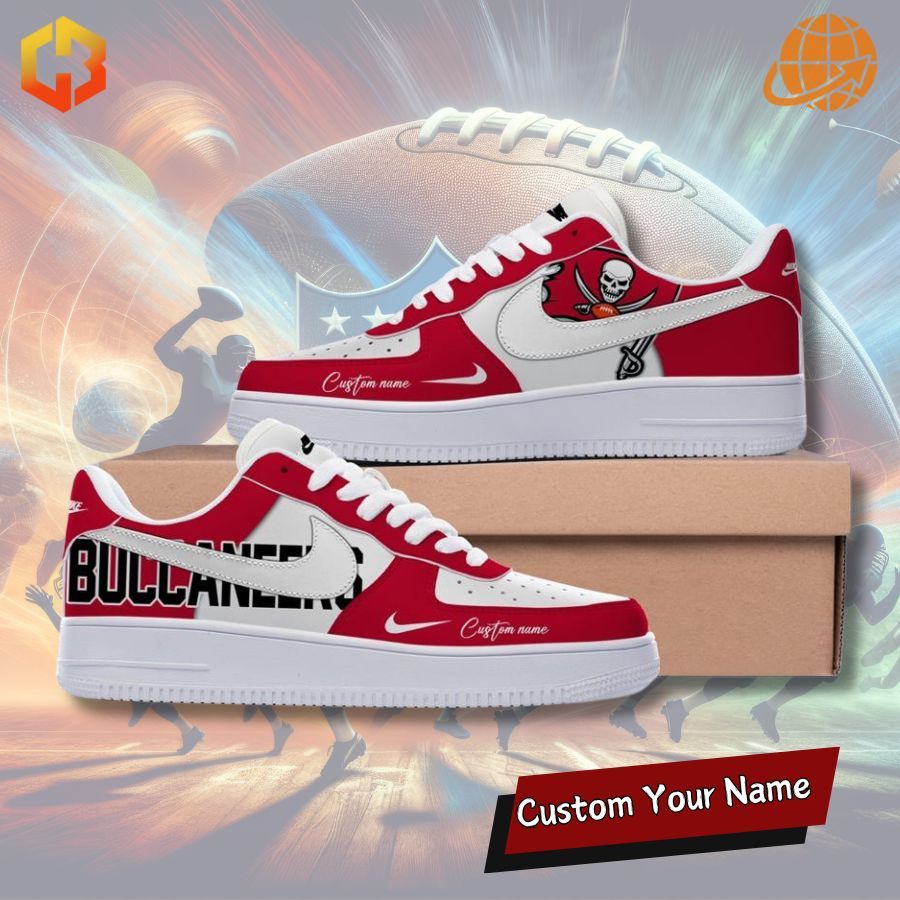 Side view of Tampa Bay Buccaneers Nike Air Force 1 sneakers with iconic logo and sleek design