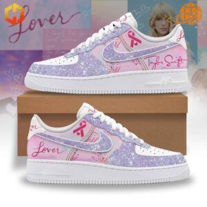 Custom Taylor Swift-inspired Nike Air Force 1 sneakers featuring a glittery purple and pink design with "Lover" text and Swift's signature on the side.