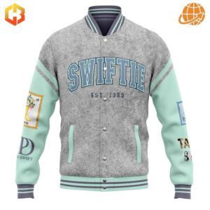 Detailed view of Taylor Swift Swiftie 1989 Baseball Jacket front design and collar.