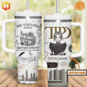 Taylor Swift TPD Stanley Tumbler with intricate design and illustration.