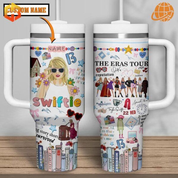 Taylor Swift The Eras Tour Stanley Tumblers with colorful fan art designs on both sides.