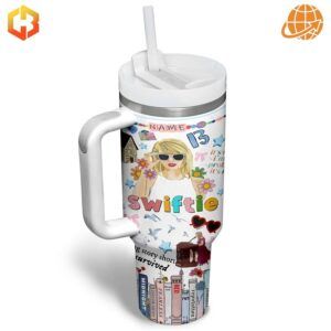 Taylor Swift themed Stanley Tumbler with "Swiftie" design and customizable name feature.