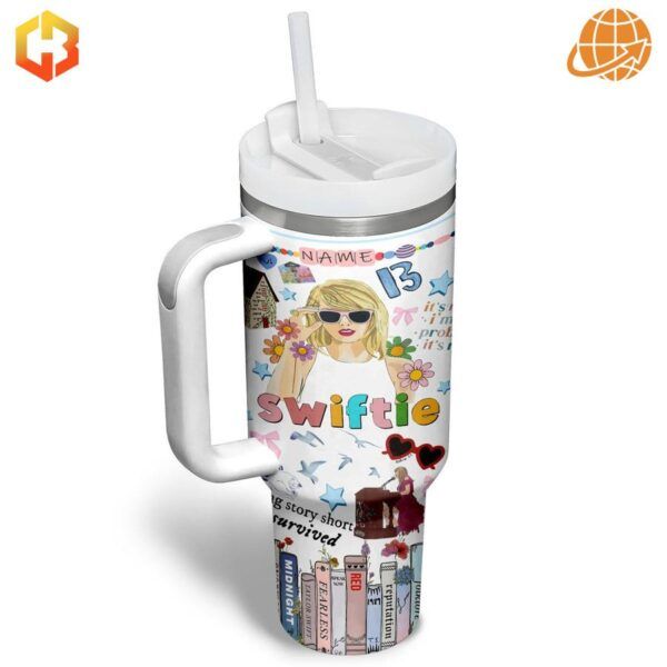 Taylor Swift themed Stanley Tumbler with "Swiftie" design and customizable name feature.