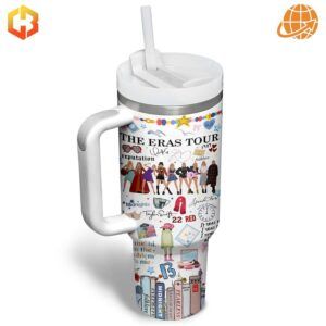 Celebrate The Eras Tour with this detailed Taylor Swift Stanley Tumbler, featuring iconic tour moments and album nods.