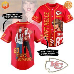 A red and white Kansas City Chiefs baseball jersey featuring Taylor Swift and Travis Kelce-inspired design elements, blending sports and pop culture