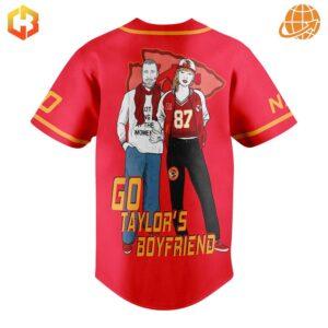 Taylor Swift and Travis Kelce-themed Kansas City Chiefs baseball jersey with bold team colors and custom graphics.