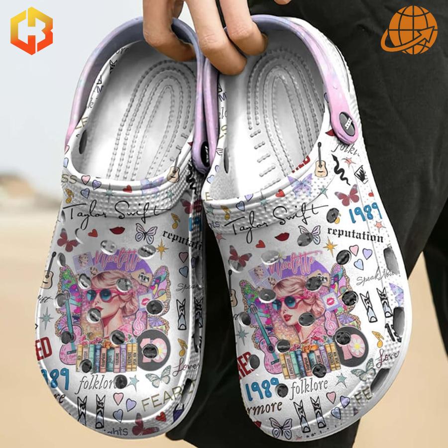 Inside view of Taylor Swift themed Crocs showing intricate design and comfortable footbed.