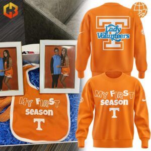 Tennessee Lady Vols Basketball "My First Season" merchandise including orange sweatshirts, a bib, and framed team photos.