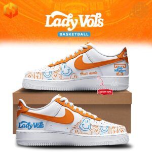 Tennessee Lady Volunteers Nike Air Force Shoes with white leather base, orange accents, custom graphics, and personalization option.