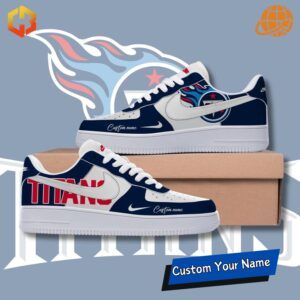 Tennessee Titans Nike Air Force 1 sneakers with navy blue, light blue, and red accents