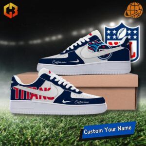 Close-up of Tennessee Titans logo on the Nike Air Force 1 sneakers.