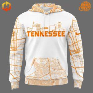 Front view of Tennessee Volunteers 2025 Skyline City Hoodie showing skyline design and map pattern