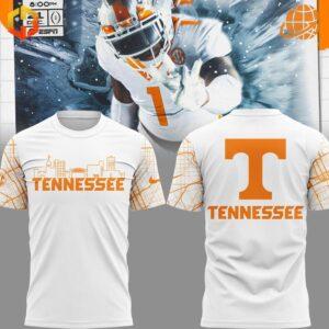 Tennessee Volunteers 2025 Skyline City Shirt displayed with football player background