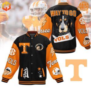 Tennessee Volunteers Baseball Jacket featuring orange sleeves, black body, team logos, and Smokey the hound graphics on front and back.